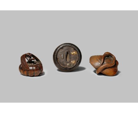 THREE JAPANESE NETSUKE EDO/MEIJI PERIODS One a kagamibuta netsuke with a wood bowl, the mixed-metal lid shaped as a small tsu