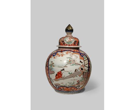 A JAPANESE IMARI BALUSTER VASE AND COVER 20TH CENTURY The bulbous body decorated with two shaped panels enclosing beauties pr