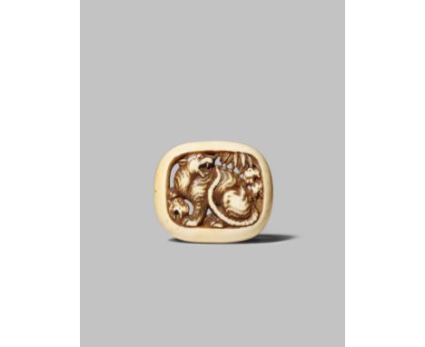 A JAPANESE IVORY RYUSA NETSUKE MEIJI 1868-1912 Square-shaped and with rounded corners, the centre carved with a seated tiger 