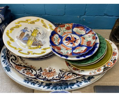 A vintage Ning Po meat dish and one other, plus a selection of assorted plates including Minton, shipping unavailable 