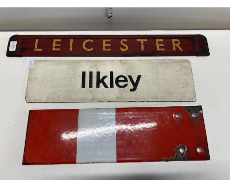 Two vintage railway signs for Leicester/Northampton and Ilkley/Harrogate and a vintage signalling arm 