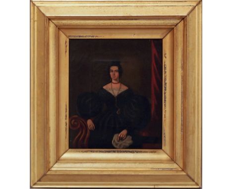 European Provincial School, mid 19th century- Portrait of a lady, seated half-length in a black dress; oil on canvas, 22x18.5