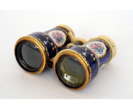 A pair of 19th Century French enamel floral painted opera glasses, A/F