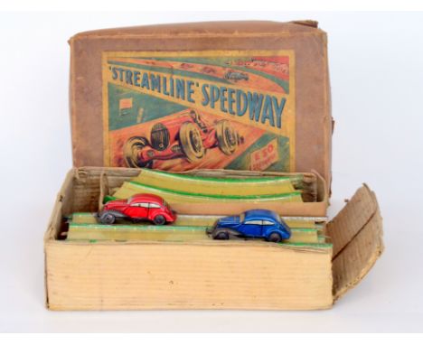 A Louis Marx tin plate streamline speedway racing game complete with track and two clockwork cars (boxed)