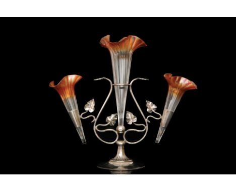 A late 19th Century Stourbridge crystal glass epergne, possibly Richardsons with three fluted  crystal posy trumpets with pet
