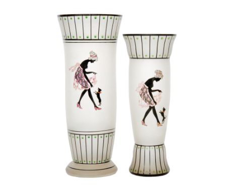 A graduated pair of 1920s Bohemian glass vases by Phol of swollen sleeve form hand enamelled with a semi-clad female with a d