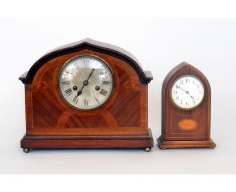 An Edwardian line inlaid mahogany mantle clock with eight day striking movement and silvered dial together with a small lance