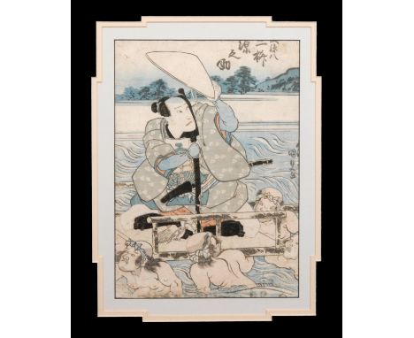 UTAGAWA KUNISADA (1786-1864 JAPANESE SCHOOL) - Samurai warrior carried across a river, woodblock print, framed, 33cm x 23cm a