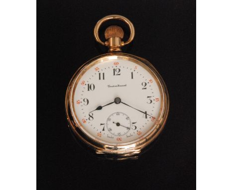 A 1930s gold plated crown wind open faced pocket watch, white enamelled dial with Arabic numerals, subsidiary seconds dial, a