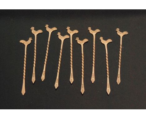 A set of nine George VI hallmarked silver gilt cockerel cocktail sticks, Sheffield 1948, Pinder Brothers (9)