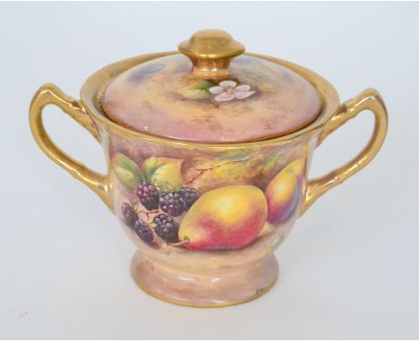 A twin handled sucrier decorated in the round by former Royal Worcester artist Paul English with pears and blackberries and c