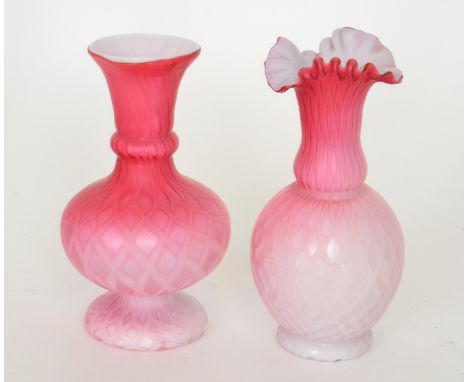 A late 19th Century Stourbridge quilted air trap satin glass vase of footed spherical form with knopped flared collar neck, c