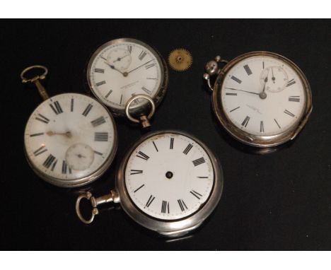 Four assorted silver pocket watches, two verge examples and two lever examples, Roman numerals to white enamel dials, all A/F