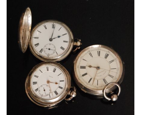 Three hallmarked silver late 19th to early 20th Century pocket watches, two full hunters and a chronograph example, various s