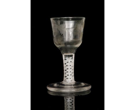 An 18th Century Jacobite firing glass circa 1760, ogee form bowl engraved with a rose and bud with bird opposing above a doub