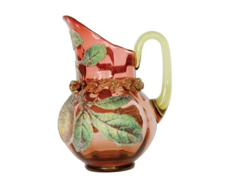 A late 19th Century Stourbridge glass jug of fluted spherical form with collar neck and applied loop handle, Coraline decorat
