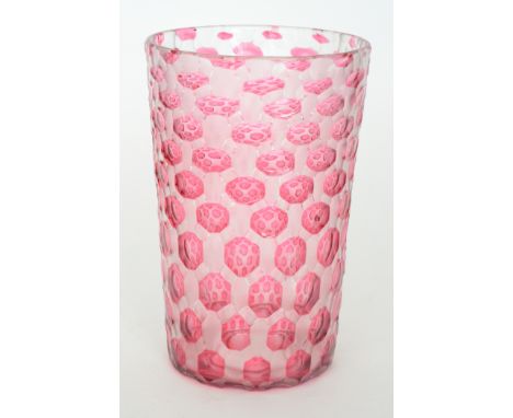 A 1930s Stourbridge clear crystal glass tumbler vase cased in ruby and flash cut with a repeat honeycomb pattern, height 25cm