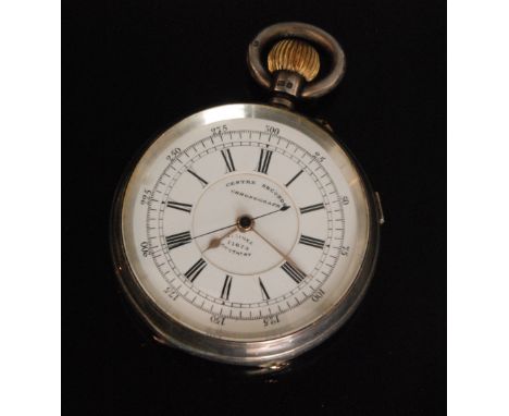 A hallmarked silver open faced crown wind chronograph pocket watch, Roman and Arabic numerals to a white enamelled dial marke