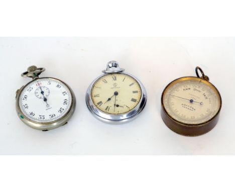 A 19th Century brass cased circular pocket barometer by Dolland London N 5328 together with a Berna fob watch and a chrome pl