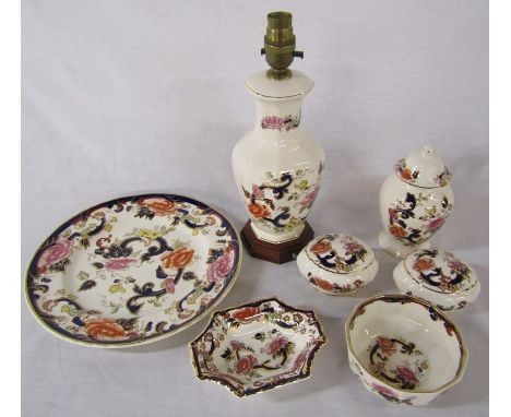 7 pieces of Masons 'Mandalay' pattern ironstone inc plate, lamp base, trinket pots, dishes etc