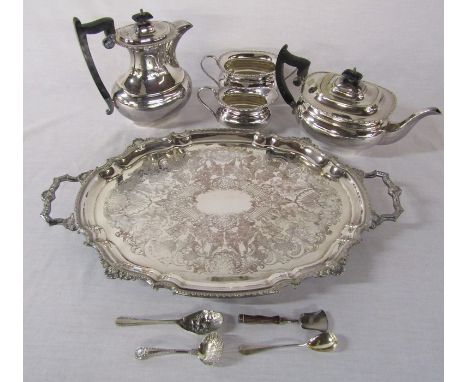 Silver plate tea set, tray and teaspoons inc one Continental silver teaspoon