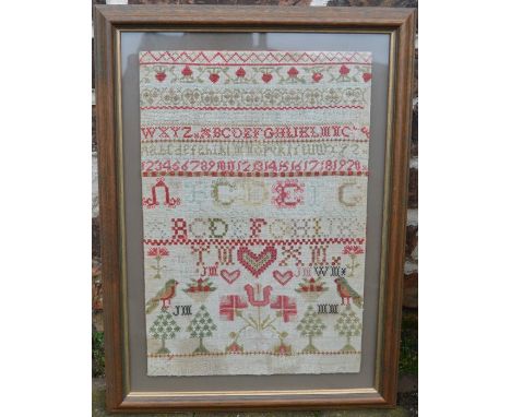 Framed 19th century sampler 52cm by 38cm