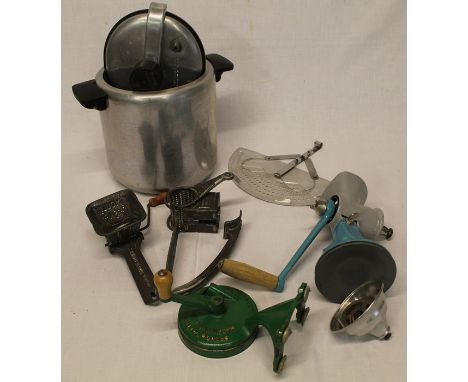 Vintage kitchen equipment including a pressure cooker, bean slicer, mincer etc.