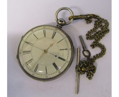 Silver pocket watch Chester 1867, M Thompson Chesterfield no 33499 with metal watch chain (not working)