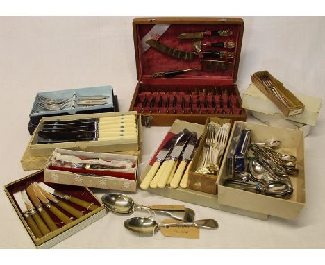 Selection of boxed cutlery (some silver plate), souvenir spoons &amp; Thai cutlery set