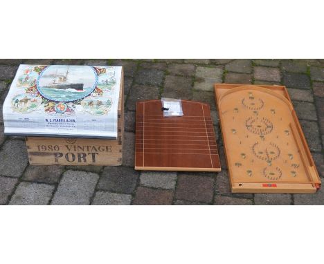 Shove halfpenny board, bagatelle board, Warres Port case &amp; W G Pannell &amp; Son Pinchbeck 1915 calendar