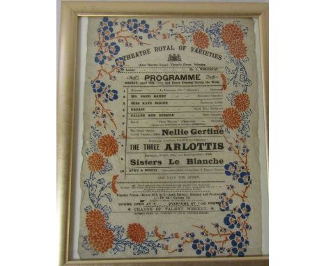 Framed Theatre Royal of Varieties, Victoria Street, Grimsby programme serviette dated Monday 16th April 1888
