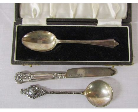 Cased silver spoon Birmingham 1947, Georgian butter knife Birmingham hallmark and silver Gibraltar spoon Birmingham 1925 ' R 