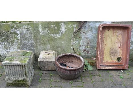 2 pairs of concrete garden plinths, large urn &amp; a salt glaze sink