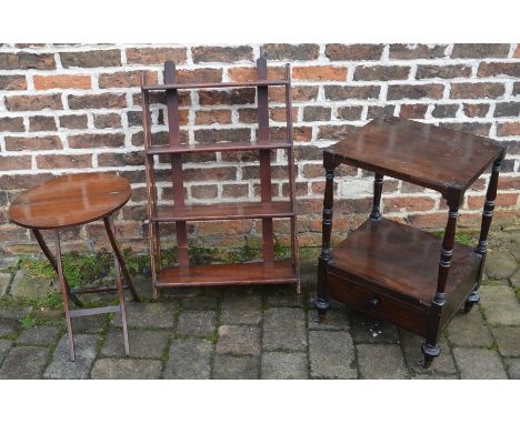 Small folding mahogany table, wall shelf &amp; an early Victorian rosewood dumb waiter (cut down)