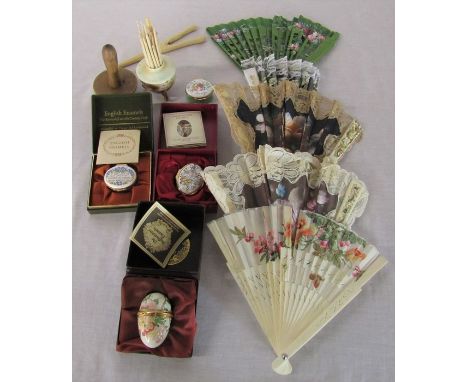 Selection of enamel boxes, fans, crochet needles etc