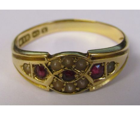 Victorian 18ct gold ruby and seed pearl ring size S Birmingham 1897 weight 4.10 g