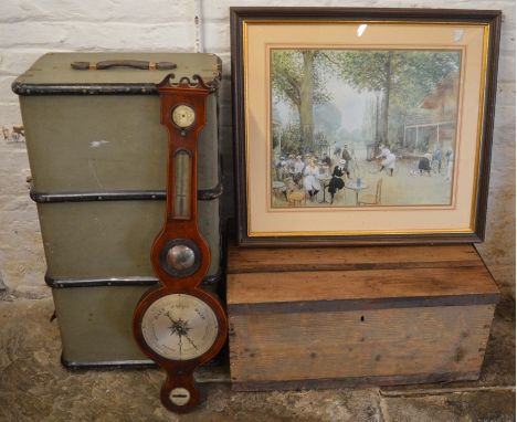Pine trunk, travel trunk, Renoir print &amp; a 19th century barometer for restoration