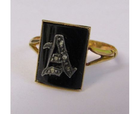 9ct gold enamel and marcasite ring initialled 'A' size P / Q weight 2.32 ozt