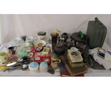 Large quantity of ceramics inc Doulton Lambeth, glassware, vintage postcards, binoculars, vanity case, gramophone records, co