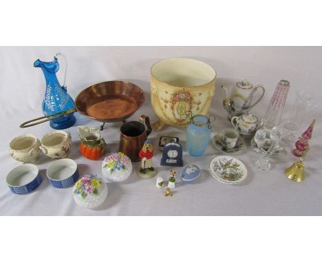 Various ceramics inc Wedgwood and Crown Devon, glassware and vintage copper pan and pint measure etc