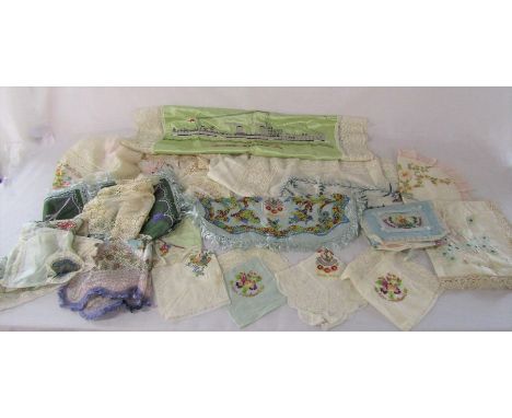 Selection of vintage embroidered handkerchiefs, silks, textiles etc inc HMS Seraph, souvenir from France, dear sweetheart, Ro