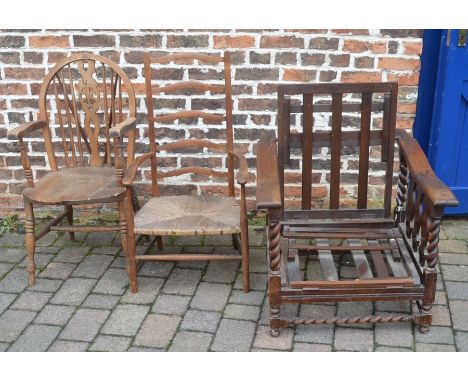 Wheel back chair, rush seated ladder back chair &amp; a recliner for restoration&nbsp;