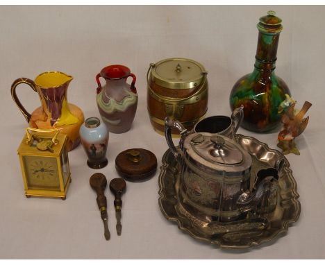 Whieldon ware style lidded vase (damage to inner rim of lid), Britannia plate tea set, modern brass carriage clock, old tape 