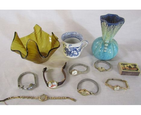 Selection of vintage watches inc 4 ladies 9ct gold watches weight of case covers only 6.47 g (straps not gold), vase, glass v