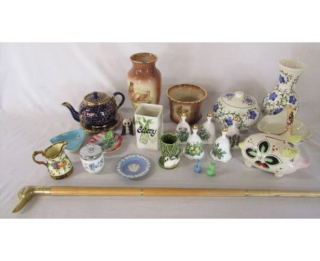 Various ceramics inc Wade, Royal Worcester, Wedgwood, Danbury Mint &amp; Shorter and walking stick with brass duck handle