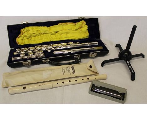 Cased Blessing flute with stand, Hohner harmonica &amp; Yamaha piccolo