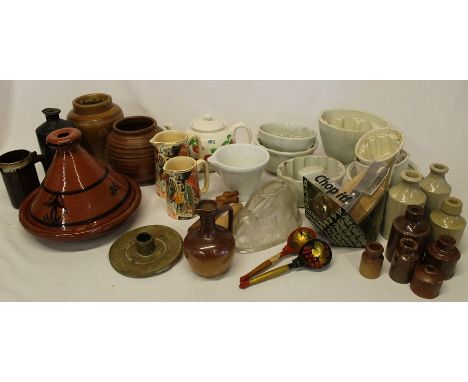 Selection of ceramic jelly moulds, tagine, ink bottles etc.