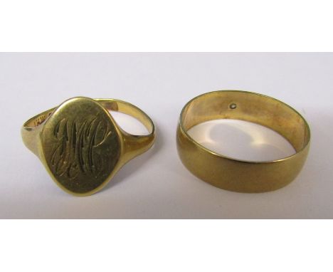 9ct gold band ring size P weight 2.30 g &amp; a 9ct signet ring size P (mis-shapen) weight 2.35 g