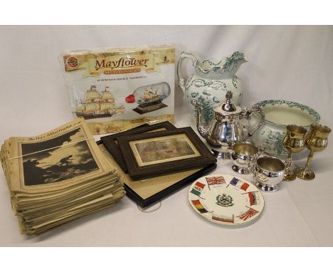 Selection of War Illustrated magazines, Airfix Mayflower ship in a bottle kit, Goss Grimsby plate, 3 piece silver plated tea 