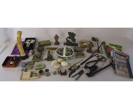 Various items inc tins, brass ware, cut throat razor, vintage football programmes, pipe, compass, door stop, silver plate and